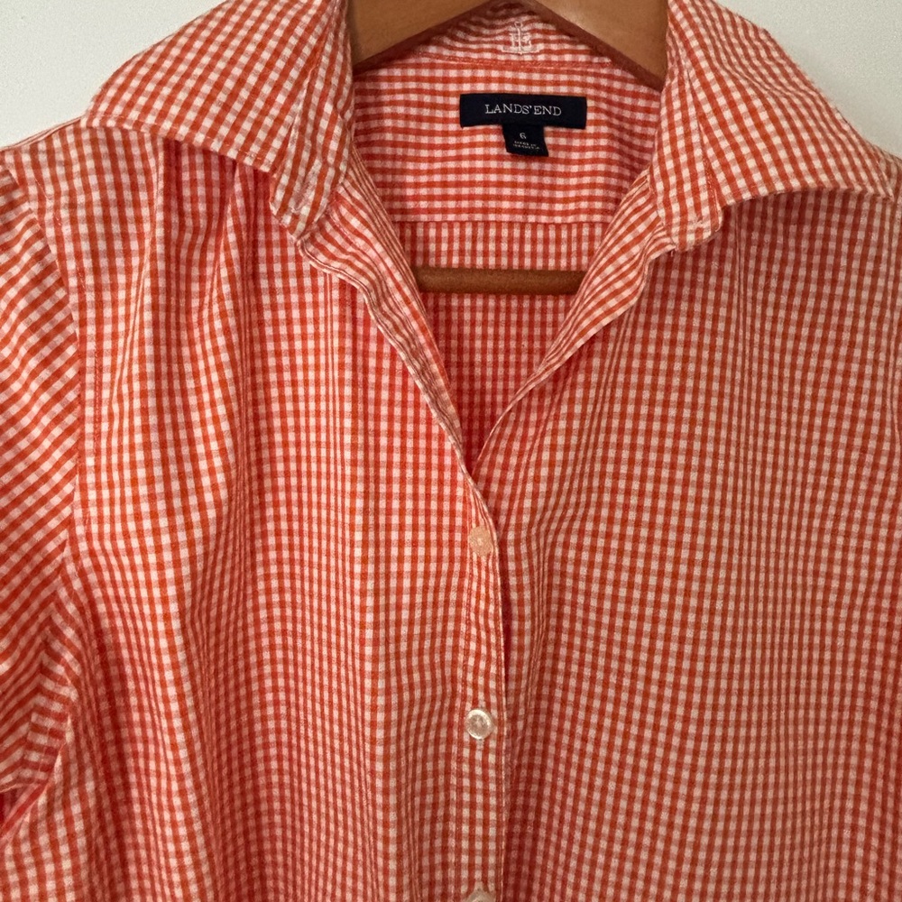 Lands' End Women's Orange Checkered Button Down Shirt